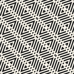 Monochrome geometric lines seamless pattern. Simple vector texture with grid, lattice, diagonal stripes, chevron, rhombuses. Abstract black and white graphic background. Modern endless repeat design