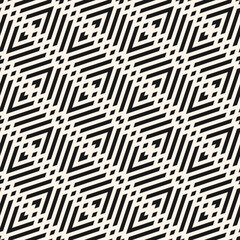 Monochrome geometric lines seamless pattern. Simple vector texture with grid, lattice, diagonal stripes, chevron, rhombuses. Abstract black and white graphic background. Modern endless repeat design