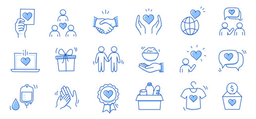Charity hand, money, blood donation doodle line icon. Charity volunteer, support, blood donor concept icon set. Volunteer heart, donate food hand drawn doodle sketch style line. Vector illustration