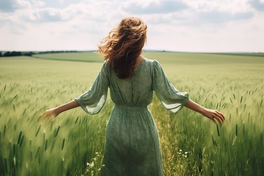 happy woman in landscape green nature summer field