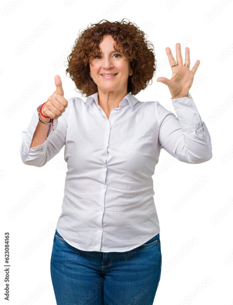 Poster beautiful middle ager senior businees woman over isolated background showing and pointing up with fi