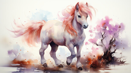 Fototapeta na wymiar Magic horse in watercolor style. Delicate shades of pink