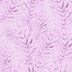 Fototapeta na wymiar Watercolor seamless pattern with palm leaves. Beautiful allover tropical print with hand drawn exotic plants. Swimwear botanical design. 