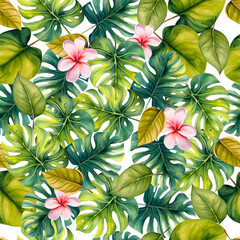 Abstract foliage botanical seamless background. Green watercolor wallpaper of tropical leaves and flowers