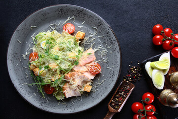 Caesar salad with chicken. Natural delicious food. Greek cuisine menu.Flat lay. Top view.