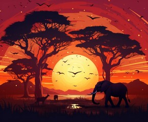Fototapeta premium African Savanna Sunset: Majestic Landscape with Sun. Generative AI