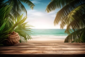 wooden table for product placement with a tropical beach and palm trees on the background