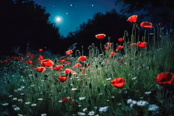 Beautiful poppy field in the night and full moon