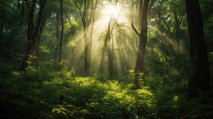 Fototapeta na wymiar Forest Enveloped in Golden Sunbeams
