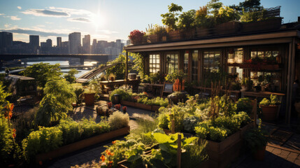 Obraz premium Vibrant Roof Garden Amidst Urban Splendor