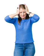 Beautiful middle age mature woman wearing winter sweater over isolated background suffering from headache desperate and stressed because pain and migraine. Hands on head.