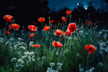 Obraz premium Beautiful poppy field in the night and full moon