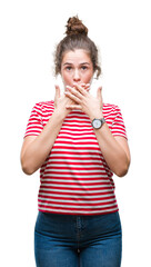 Beautiful brunette curly hair young girl wearing casual look over isolated background shocked covering mouth with hands for mistake. Secret concept.