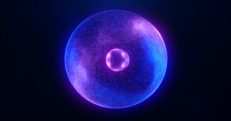 Blue purple energy sphere with glowing bright particles, atom with electrons and elektric magic field scientific futuristic hi-tech abstract background
