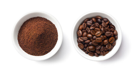 Flat lay of Roasted Coffee beans and ground coffee in white bowl isolated on white background. Clipping path.