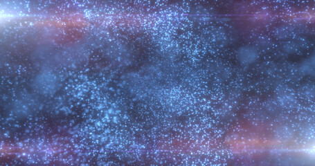 Blue background of many blurred circles with bokeh effect of energy magical glowing particles and light lines abstract background