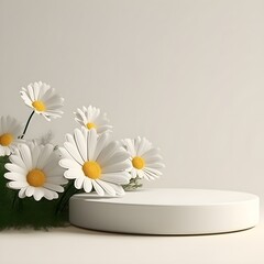3d rendering mockup white podium with daisy flower. AI Generative Illustration.