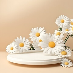 Fototapeta na wymiar 3d rendering mockup white podium with daisy flower. AI Generative Illustration.