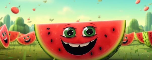 Happy red fresh watermelon with black seeds in, summer healthy food panorama. Generative Ai.