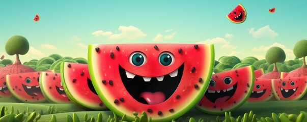 Happy red fresh watermelon with black seeds in, summer healthy food panorama. Generative Ai.