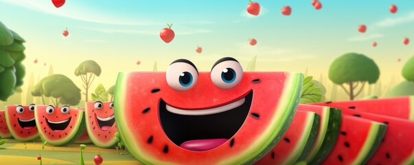 Fototapeta premium Happy red fresh watermelon with black seeds in, summer healthy food panorama. Generative Ai.