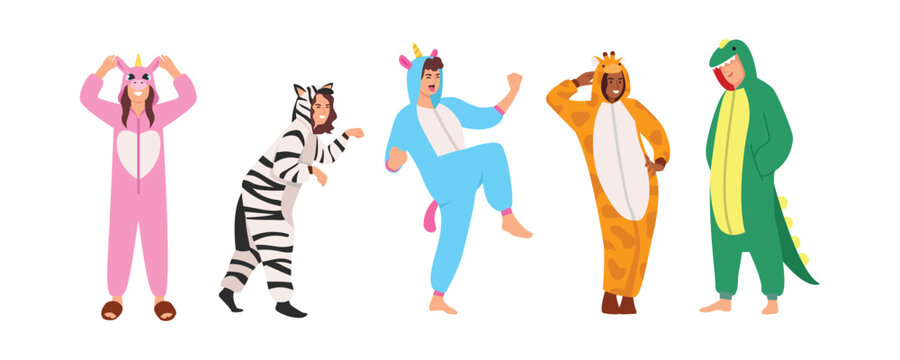 Male and female characters wear animal kigurumi pajamas