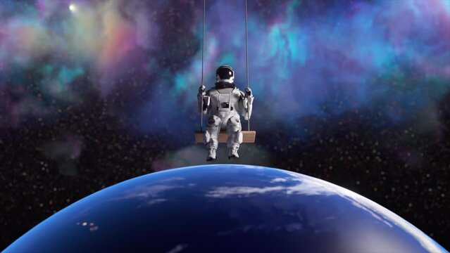 Astronaut swing on background of space. Earth below. Gravity. Surrealism. Starry sky. 3d animation of a seamless loop