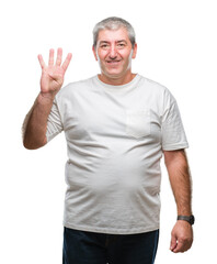 Naklejka premium Handsome senior man over isolated background showing and pointing up with fingers number four while smiling confident and happy.