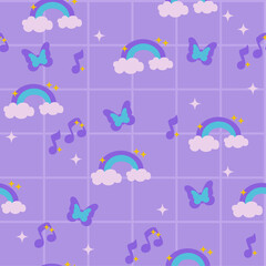 Seamless pattern butterfly rainbows 2000s on violet background in y2k style. Illustration for textile, paper, fabric, background, print design. Vector