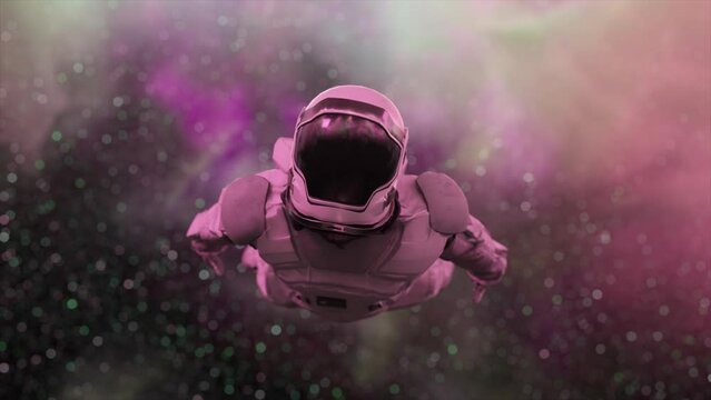 Space concept. Astronaut flies past purple clouds. Space. The clouds revolve around the astronaut. 3D animation