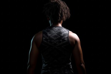  Standing Muscular Black Woman from Behind, Set against a Black Background, Bathed in Natural Light and Accentuated by Natural Shadows