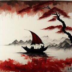 dark and mysterious chinese landscape with a boat on a lake with mountains in the background an a tree covering the sun