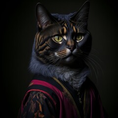 portrait of a majestic looking cat in elegant old clothing