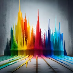 multiple colors on a wall depicting skyscrapers in a city
