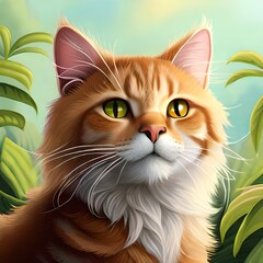 curious cat in a green garden looking in the distance, two eye colors, cartoon style