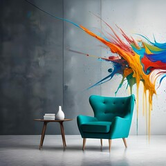splash of paint on a wall behind a table and chair