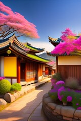 korean hanok village during cherry blossom season in a cartoon style