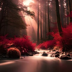 mystical and colorful forest with bright light shining through the trees and red bushes on the bottom surrounding a small river