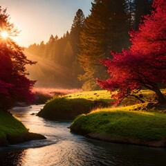 forest clearing with bright light and colorful plants surrounding a river