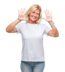 Middle age blonde woman over isolated background showing and pointing up with fingers number ten while smiling confident and happy.
