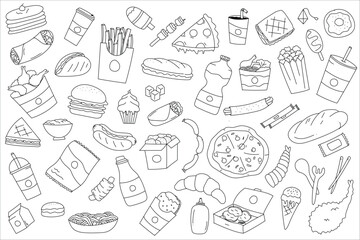 hand drawn set of junk food or fast food doodle illustrations
