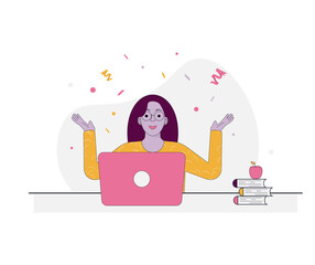 Girl at the desktop with a laptop. Online education. Studies. Businesswoman.Vector illustration