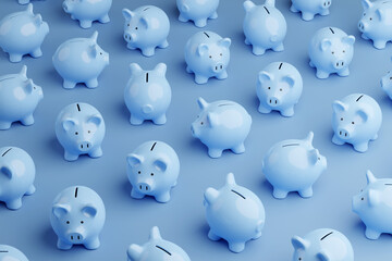 Pink blue piggy banks randomly placed on blue background. Illustration of the concept of personal savings and financial investment - obrazy, fototapety, plakaty
