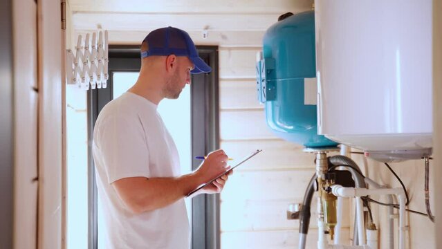The technician checking the heating system in the boiler room writing down the readings in a notebook. 