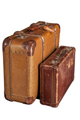 two old-fashioned scratched brown suitcases - isolated PNG file