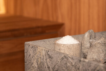 sauna salt  in the sauna wooden interior. Modern steam room	
