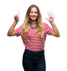 Young beautiful blonde woman over isolated background showing and pointing up with fingers number six while smiling confident and happy.