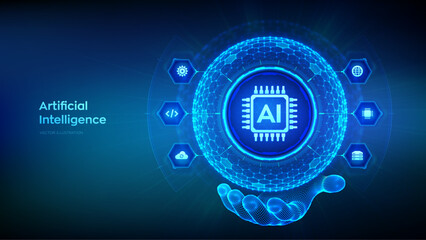 AI. Artificial Intelligence in the shape of sphere with hexagon grid pattern in wireframe hand. Machine Learning Concept. Big data. Neural networks. AI and virtual technology. Vector illustration.