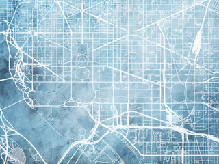 Illustration of a map of the city of  Washington Center District of Columbia in the United States of America with white roads on a icy blue frozen background.