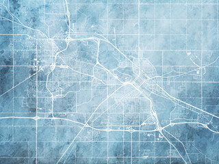 Illustration of a map of the city of  Waterloo Iowa in the United States of America with white roads on a icy blue frozen background.